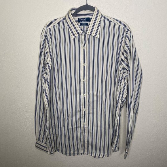 Polo Ralph Lauren Curham Custom Fit Dress Shirt Mens XL Blue Beige Striped Butto - Picture 2 of 10